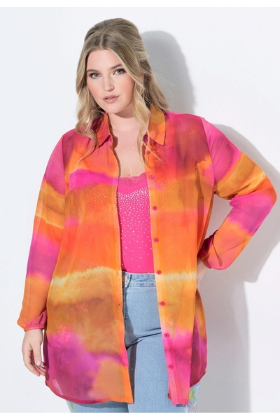 Şans Women's Plus Size Colorful, Sleeve Mouth Elastic, A-Line, Tie-Dye Pattern Chiffon Shirt 65N39101