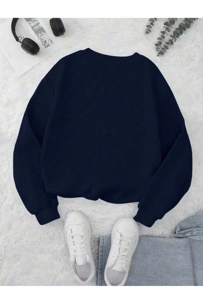 BYMEER Navy Blue Vintage Printed Crew Neck Sweatshirt
