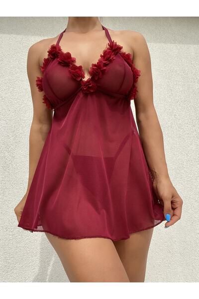CATHECAT Burgundy Women's Stylish Chest Embroidered Thin Strap Mini Tulle Fancy Babydoll