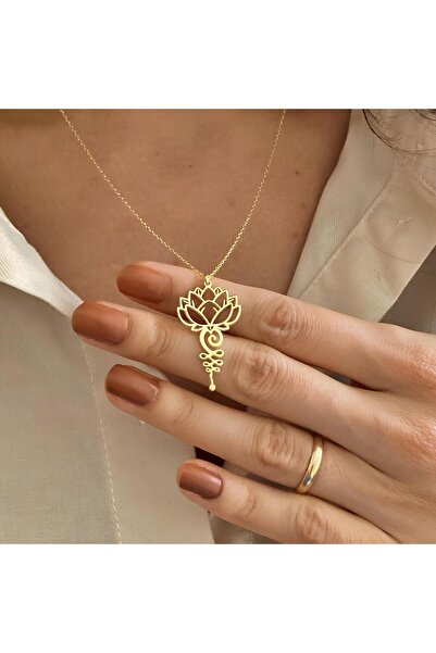 Lisen Jewelry 925 Ayar Gümüş Lotus Çiçeği Kolye | Altın Kaplama Unalome Sembol Kolye | Spiritüel ve Zarif Takı