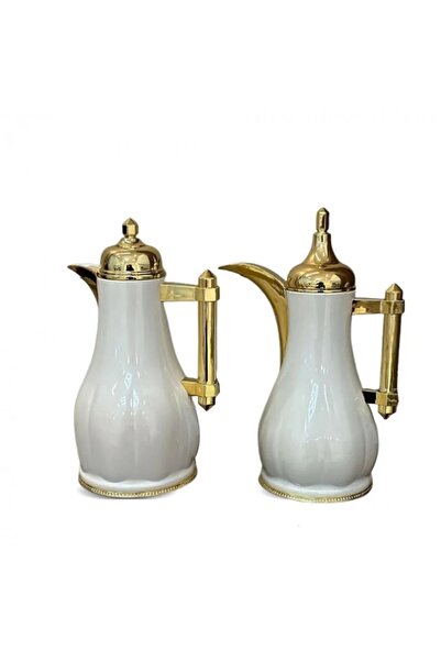 rexa طقم ترمس أبيض وذهبي للشاي والقهوة مع مسك ذهبي