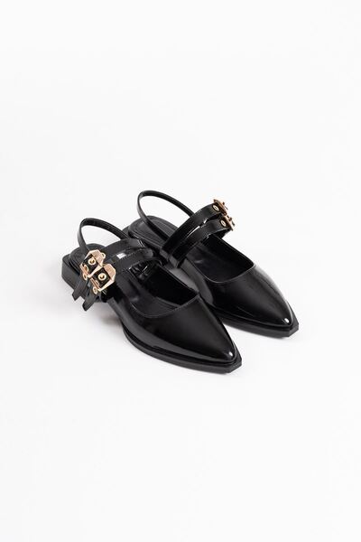 EMOYRA Blues Black Patent Leather Belt Detailed Women's Heeled Shoes