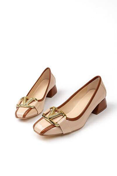 Nstil Günlük Kadın Loafer Topuklu V Tokalı ve Dikiş Detaylı Küt Burunlu Ayakkabı 6001