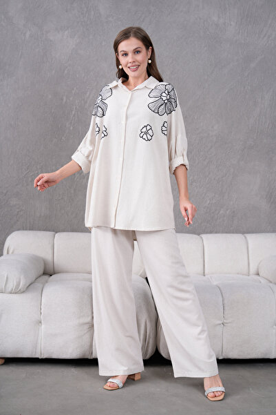 MVStore Women's Floral Patterned Embroidered Linen Oversize Standard Size Shirt and Pants