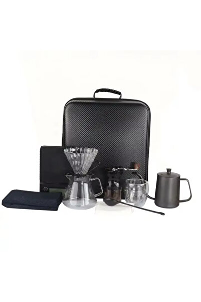 Tradeo مجموعة أدوات تحضير القهوة المحمولة للسفر مع حقيبة حمل، مطحنة يدوية، وعاء زجاجي، لون أسود