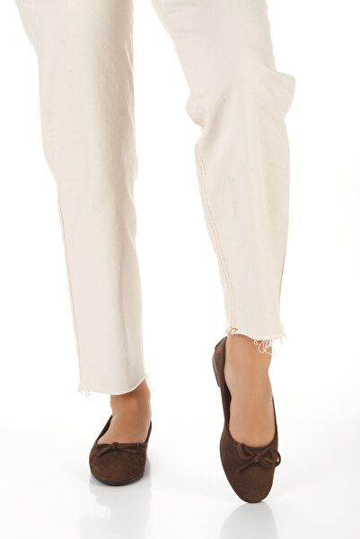 ÜNAL ÖZER Unal Ozer Women's Brown Suede Genuine Leather Bow Ballerina Ballet Un001-063