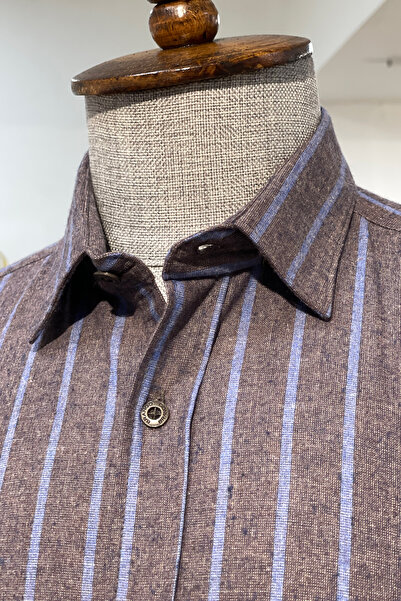 NAZEF Slim Fit Brown Striped Cotton Shirt