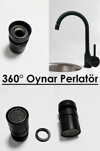 KUSTAR 360° Ayarlanabilir Dönerli Musluk Başlığı Siyah Mutfak Banyo Lavabo Ba...