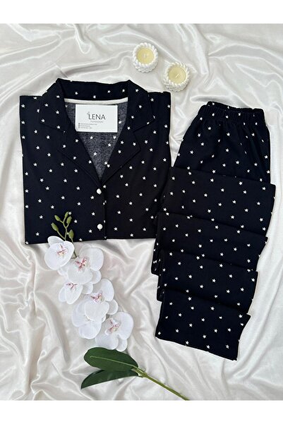 Lena Homewears Set de pijamale termosoft cu nasturi cu model de stele negre