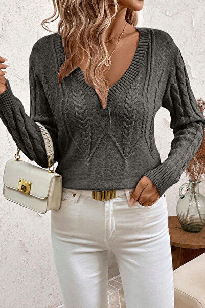 hanope Dámský pletený svetr s výstřihem do V v antracitové barvě