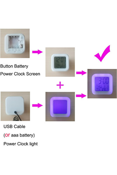 OEM Ceas mic 7,8x7,8 cm, cub, cu alarmă, iluminare LED cu 7 moduri, alimentare prin USB sau baterie
