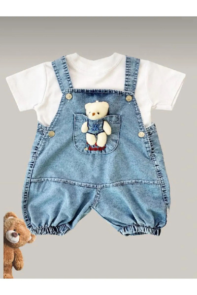 Genel Markalar Denim Salopet Beyaz Tişört Ikili Takım
