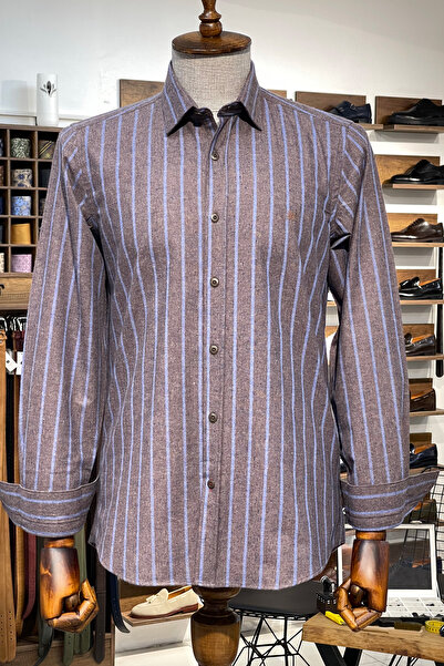 NAZEF Slim Fit Brown Striped Cotton Shirt