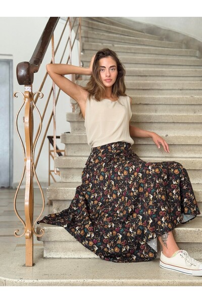 Retrobird Valerie Zodiac Patterned Viscose Flared Long Skirt Women's Multicolor