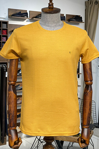 NAZEF Slim Fit Self Patterned Crew Neck Yellow Lycra Badi T-Shirt