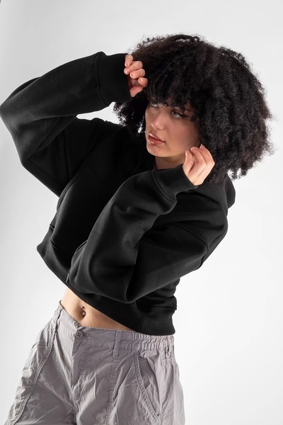 Bak Moda Hooded Basic Belt Length Oversize Women's Black Sweatshirt
