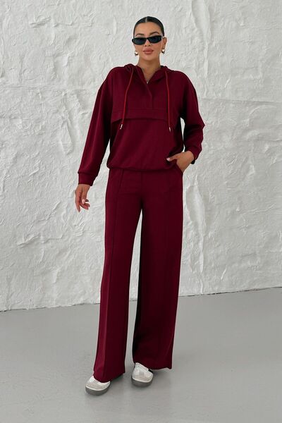 MODAGEN Women's Burgundy Hooded V-Neck Half Zip Kangaroo Pocket Bottom-Top Set