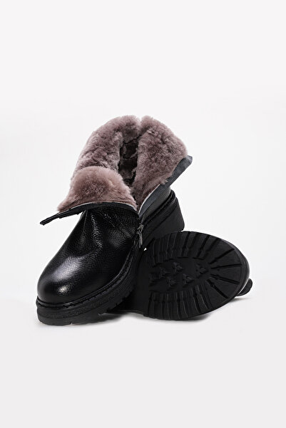 Ayakkabıhane İçi Kürklü Dışı Hakiki Floter Deri Siyah Kadın Klasik Bot AH0825711261732