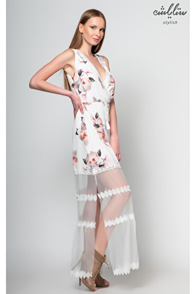 Stylish Elegant off-the-shoulder white maxi dress with chiffon floral print at the bottom for a charming look