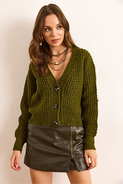 Olalook Women's Oil Green 3 Button Soft Textured Knitwear Cardigan Hrk-19000366
