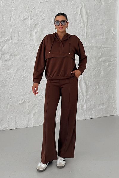 MODAGEN Women's Brown Hooded V-Neck Half Zip Kangaroo Pocket Bottom-Top Set