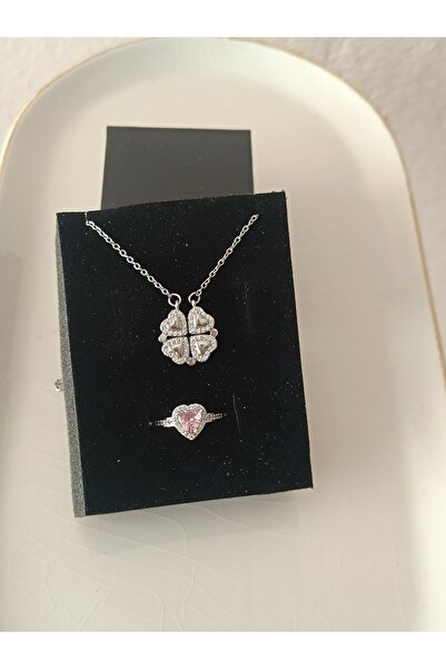 Kudi Silver Silver Color Necklace and Ring Set with Opening and Closing Stone Heart