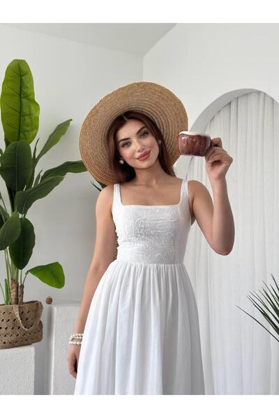 conconmoda Askılı Keten Nakış Detaylı Uzun Elbise