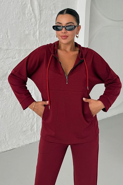 MODAGEN Women's Burgundy Hooded Half Zip Kangaroo Pocket Bottom-Top Set