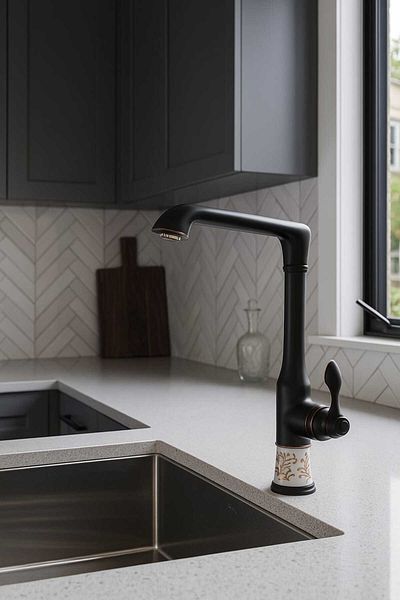 RUDİS Matte Black Ceramic Detailled Kitchen Faucet - Pattern Detailled