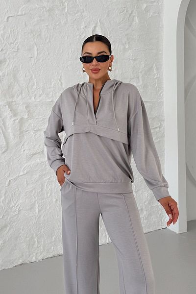 MODAGEN Women's Gray Hooded V-Neck Half Zip Kangaroo Pocket Bottom-Top Set