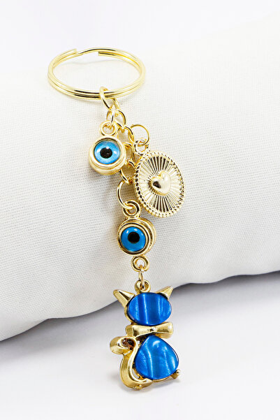 biuti Breloc cu pisicuță cu mărgele Evil Eye înrămată, albastru închis, sidef...