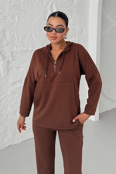 MODAGEN Women's Brown Hooded Half Zip Kangaroo Pocket Bottom-Top Set