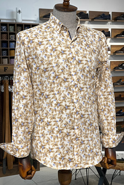 NAZEF Slim Fit High Quality Hidden Button Collar Pattern Cotton Beige Shirt