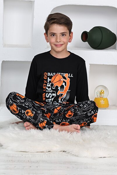 KAPİKİDS Uzun Kollu Bisiklet Yakalı interlok Basketbol Siyah Renk Erkek Çocuk Pijama Takımı