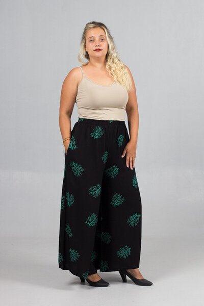 Truva XXL Plus Size Green Patterned Wide Leg Woven Viscose Trousers – High Waist, Elastic