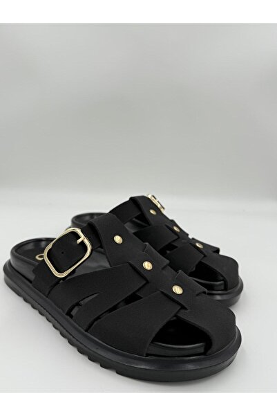 adelix Kadın Süet Kapalı Bantlı Altın Detaylı Terlik Siyah
