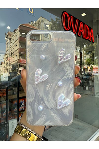 OVADA iPhone 7 Plus/8 Plus Uyumlu Kamera Koruma Çıkıntılı Kalpli İncili Premium Pinterest Kılıf