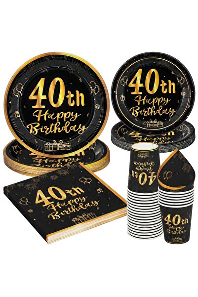 OEM Disposable party tableware set 96 pieces 24 guests-black with gold