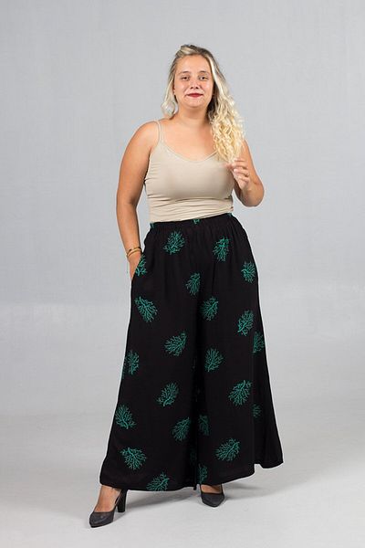 Truva XXL Plus Size Green Patterned Wide Leg Woven Viscose Trousers – High Waist, Elastic