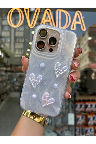 OVADA iPhone 14 Pro Max Uyumlu Kamera Koruma Çıkıntılı Kalpli İncili Premium Pinterest Kılıf