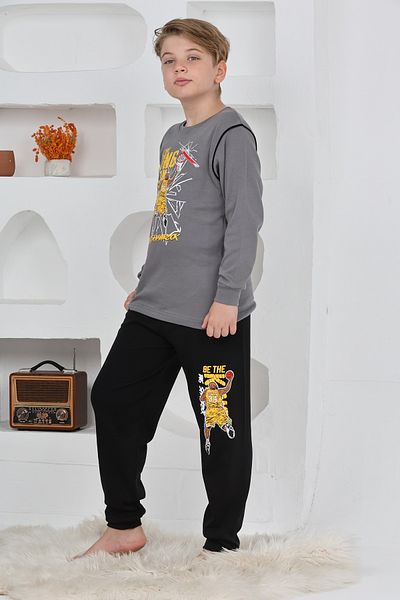KAPİKİDS Long Sleeve Crew Neck Interlock Basketball Gray Color Boys Pajama Set
