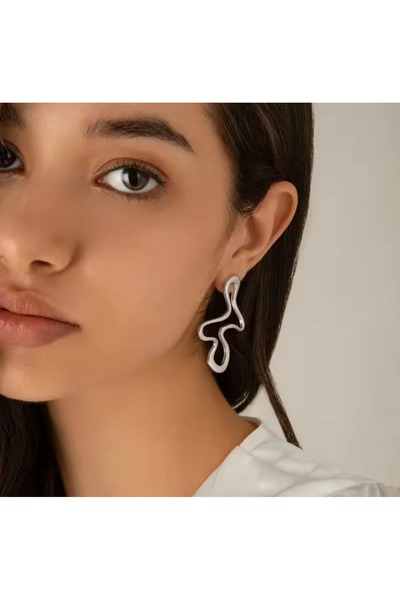 TURBİJ Women's Modern Design Wavy Geometric Big Dangle Silver Earrings Stylish and Trendy Earrings