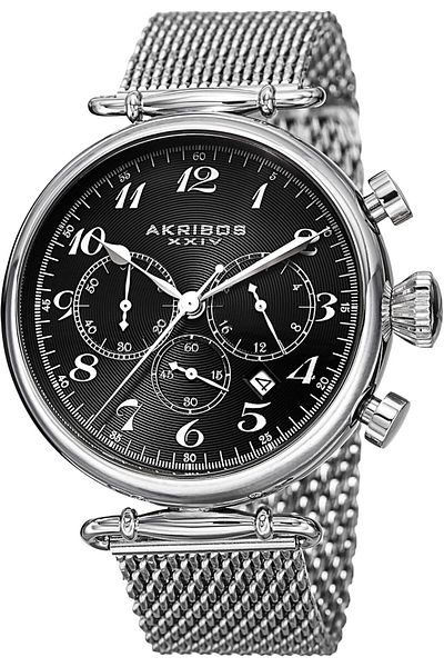 Akribos XXIV Classic Men's Stainless Steel Watch AK627SSB with Mesh Strap, Black Dial