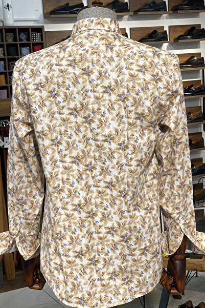 NAZEF Slim Fit High Quality Hidden Button Collar Pattern Cotton Beige Shirt