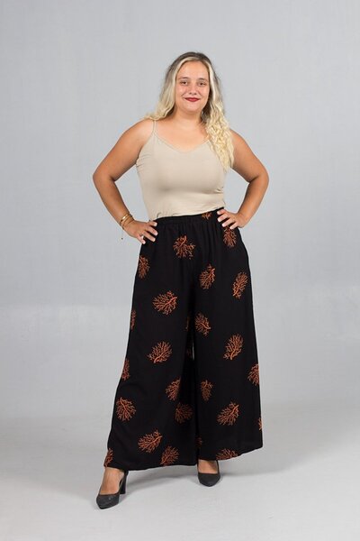 Truva XXL Plus Size Brown Patterned Wide Leg Woven Viscose Trousers – High Waist, Elastic