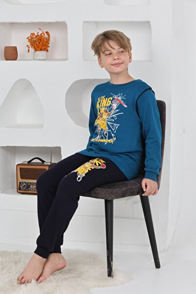 KAPİKİDS Set pijamale pentru băiat și băiat, cu mâneci lungi, cu guler interlock, baschet, culoare petrol