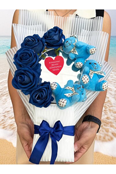 lenostra Aynalı Çiçek Buketi - Mavi Ayıcık ve Lacivert Güller - Kız Arkadaşa Hediye - Aynalı Buket