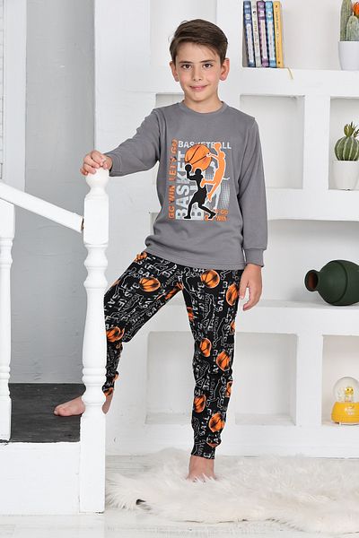 KAPİKİDS Long Sleeve Crew Neck Interlock Basketball Gray Color Boys Pajama Set