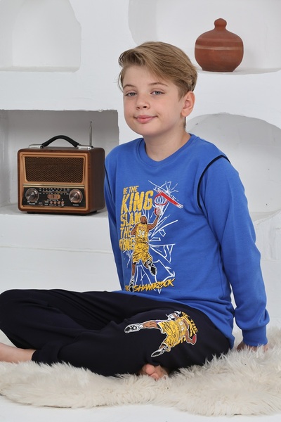 KAPİKİDS Long Sleeve Crew Neck Interlock Basketball Sax Color Boys Pajama Set