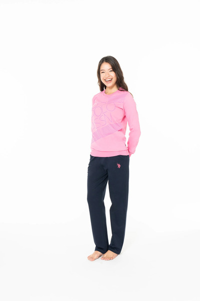 U.S. Polo Assn. Women's Pajama Set, Pocket, 100% Cotton, Long Sleeve, Crew Neck, Elastic Sleeve, Fuchsia